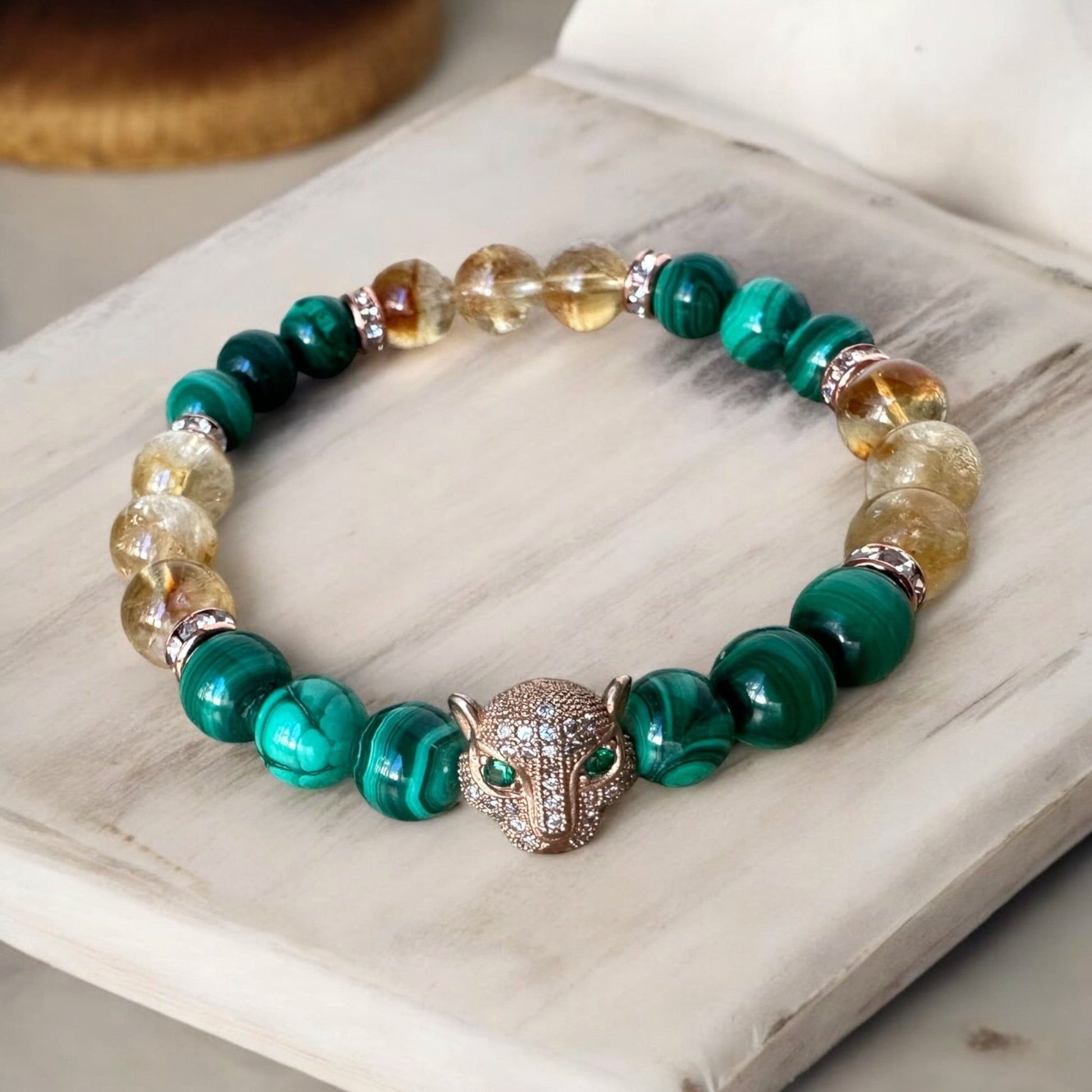 Abundance Malachite and citrine panther crystal bracelet