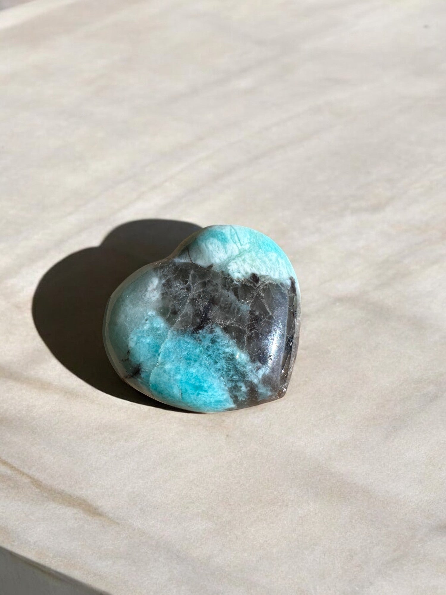 Amazonite crystal heart with smoky quartz