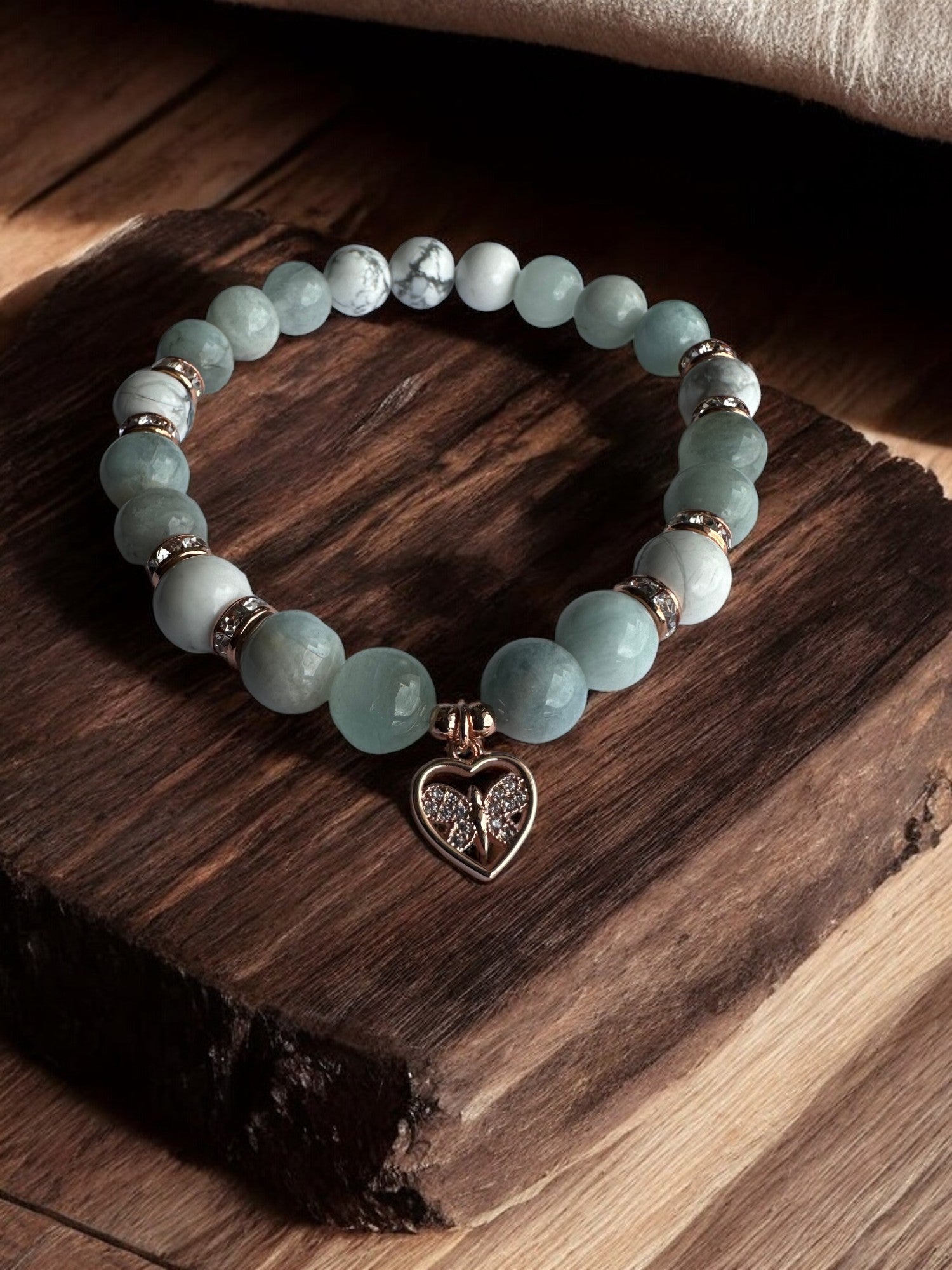 Aquamarine and Howlite Butterfly Heart Crystal Bracelet