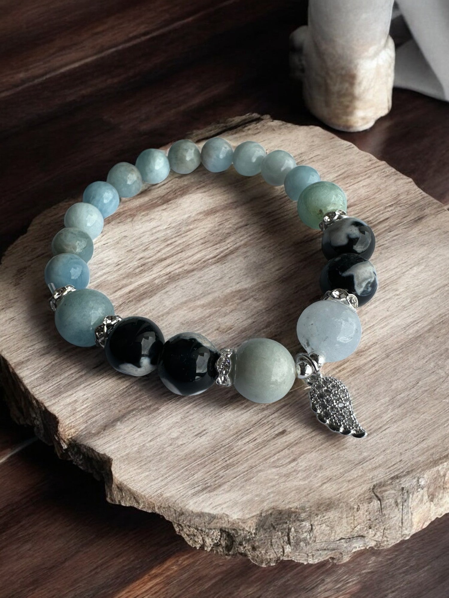 Aquamarine and Orca Agate Wing Crystal Bracelet