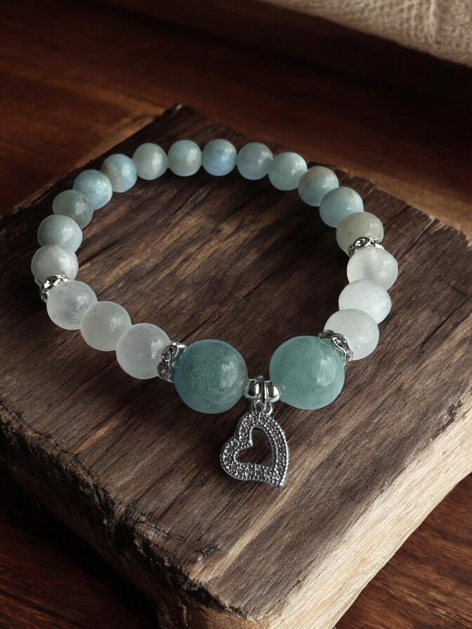 Aquamarine and Selenite Heart Crystal Bracelet