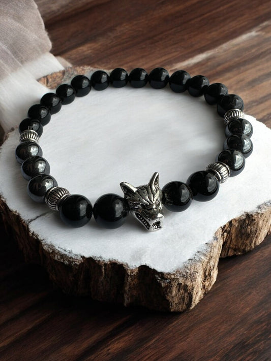 Black Onyx and Hematite Wolf Crystal Bracelet