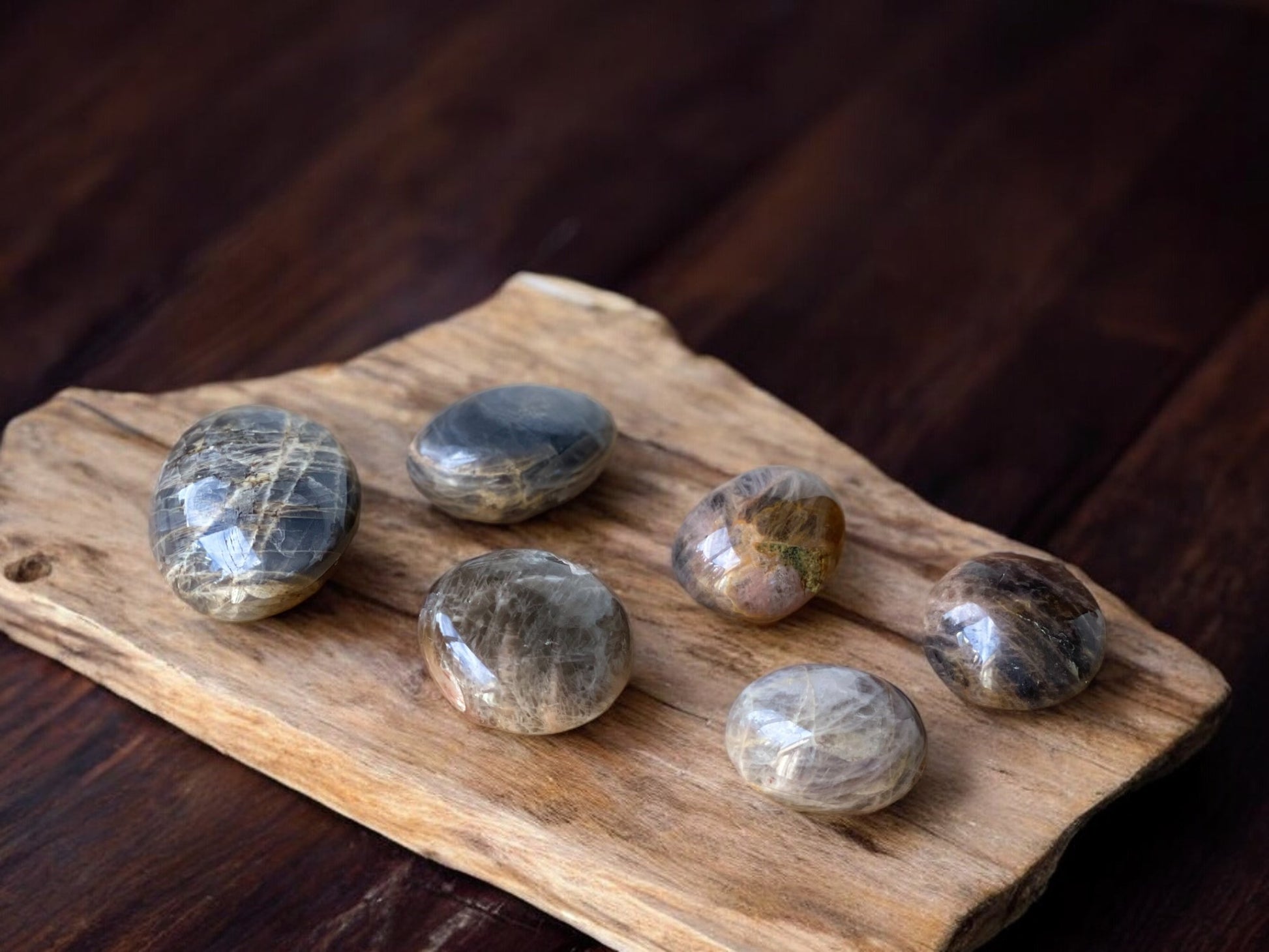 Black moonstone palm stones