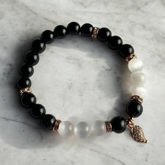 Black onyx and selenite protective crystal bracelet