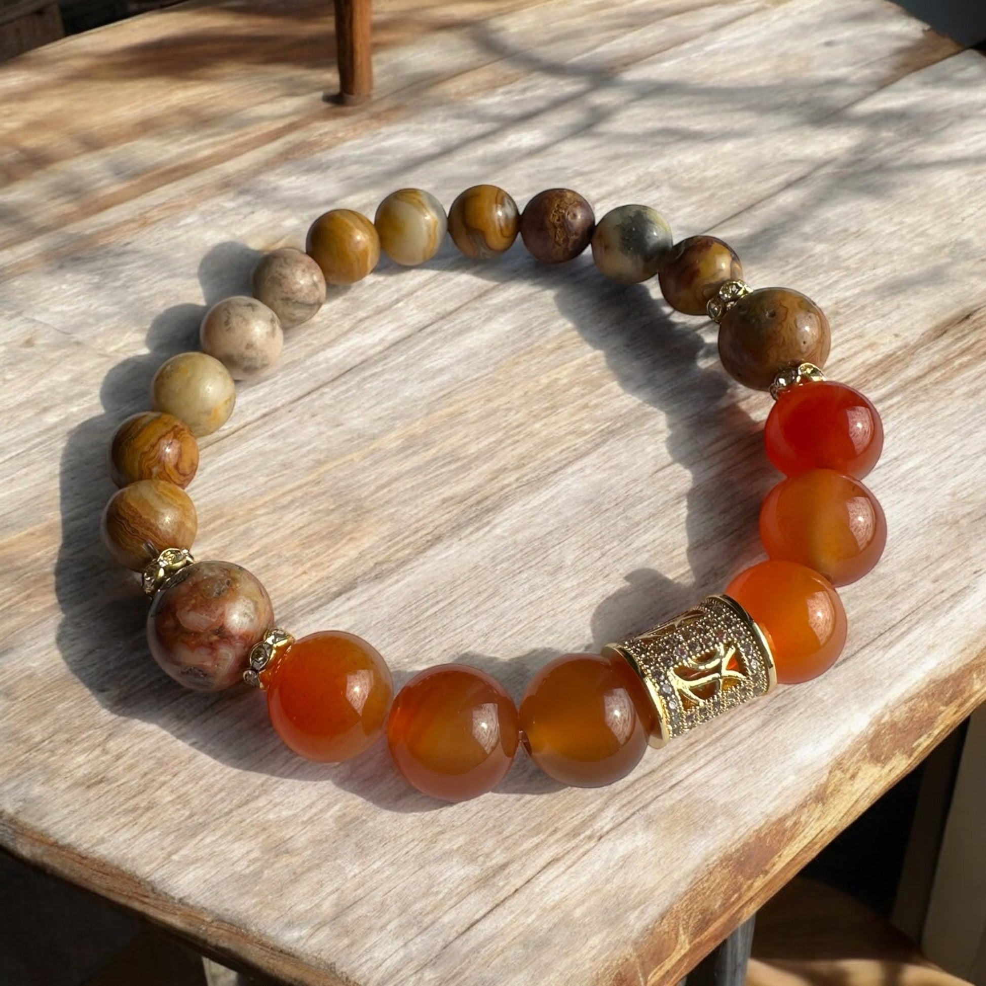 Carnelian and crazy lace agate crystal bracelet