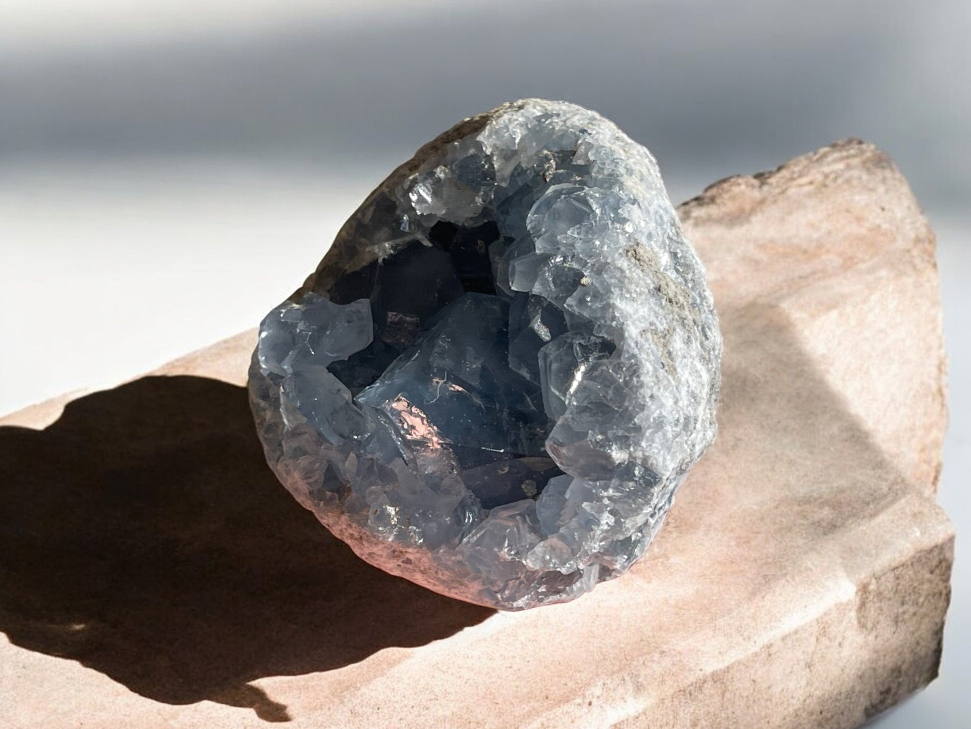 Celestite raw gemstone on a slab