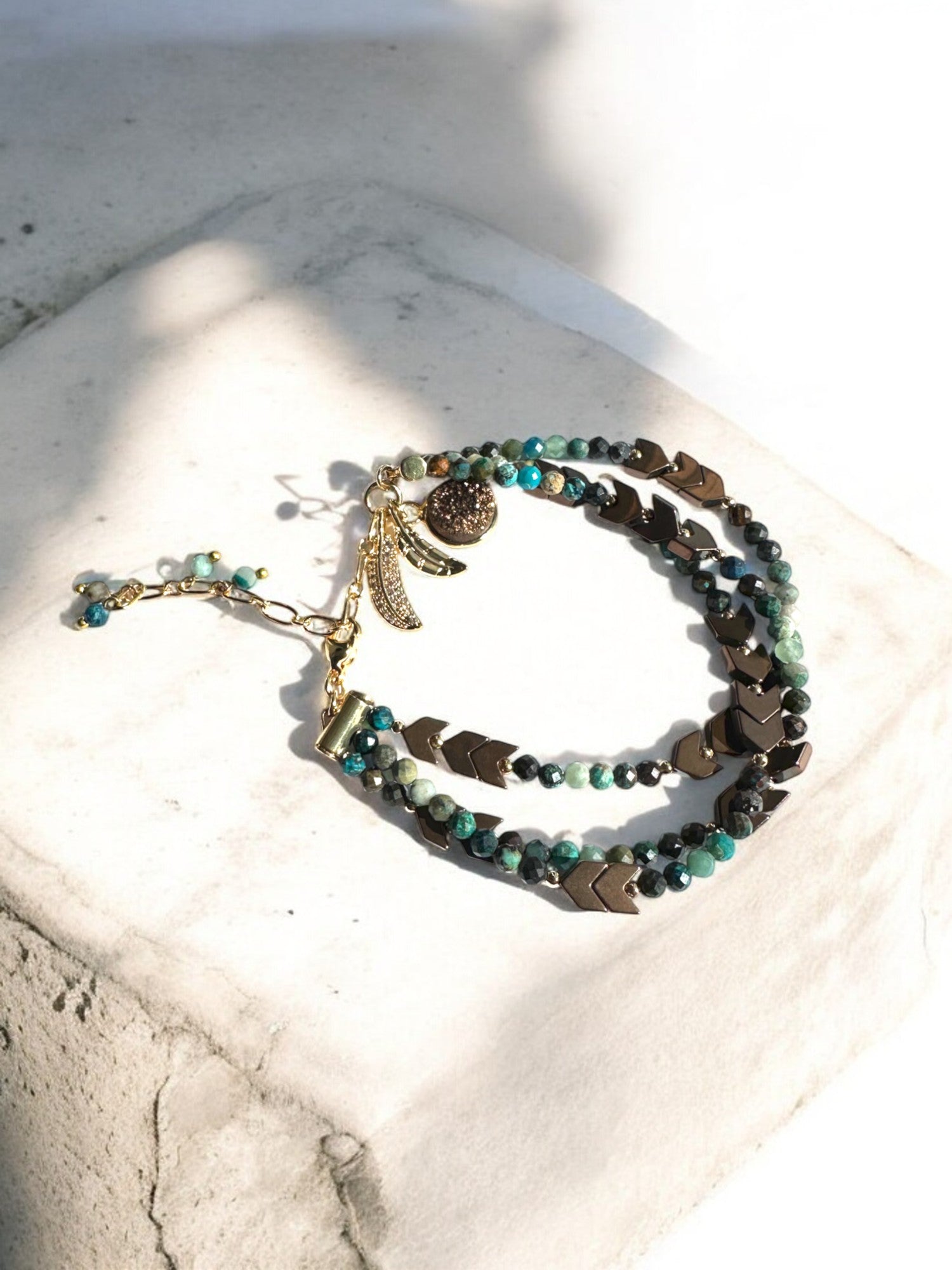 Chrysocolla 3-Row 18K Gold Plated Crystal Bracelet