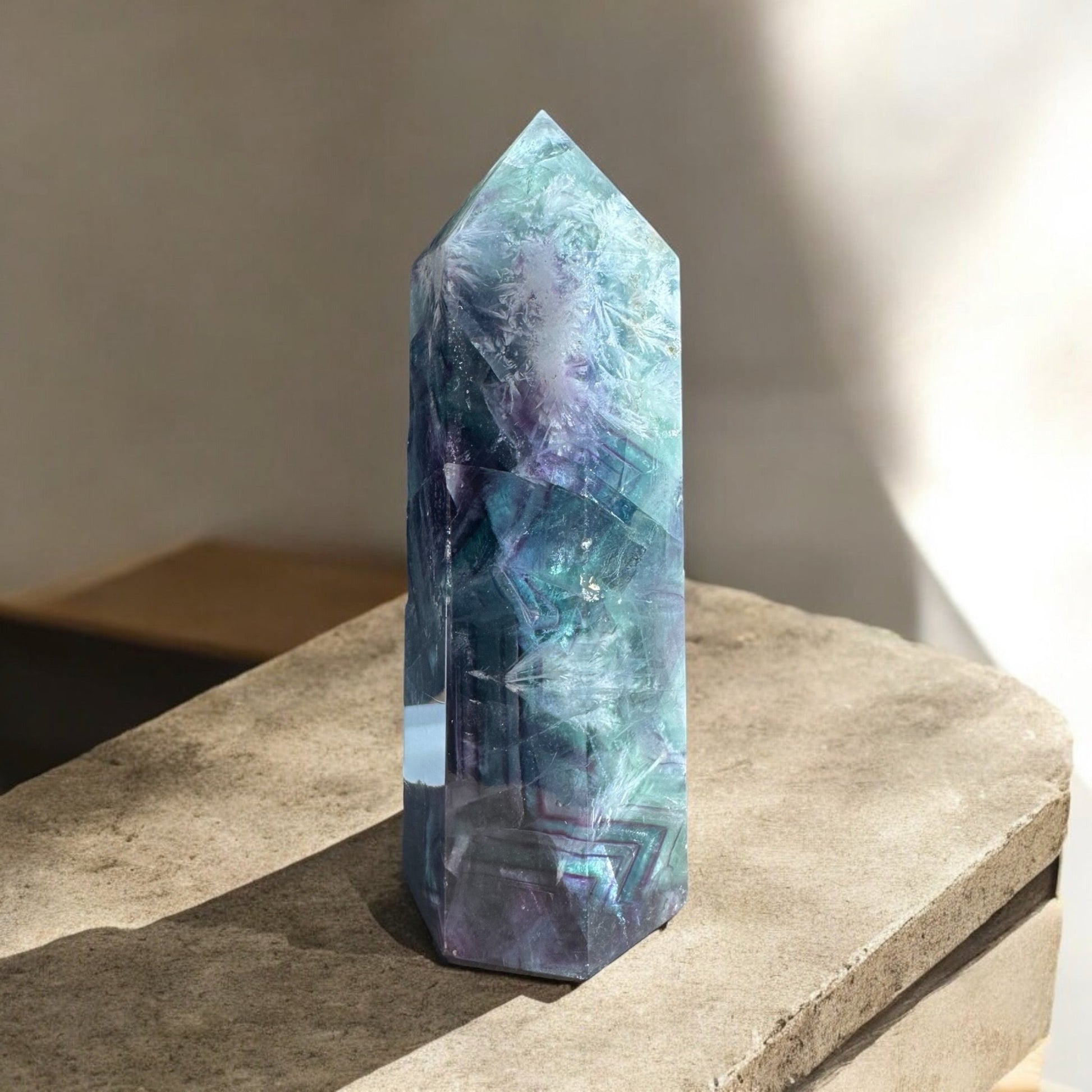 Feather fluorite crystal point