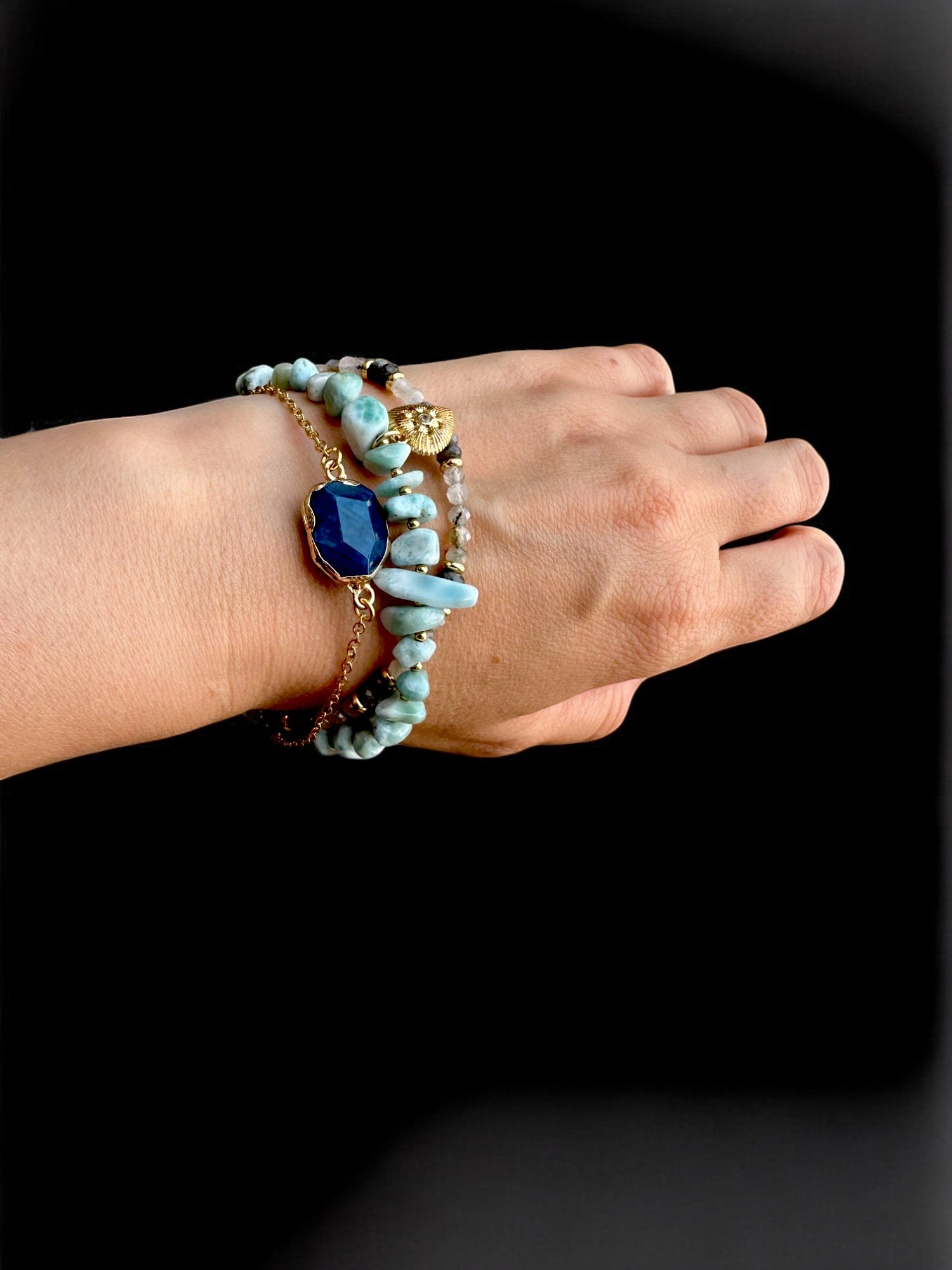 Fine details of Larimar crystal bracelet