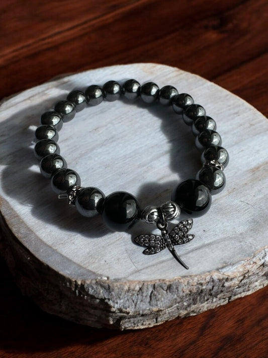 Hematite and Black Onyx Dragonfly Crystal Bracelet