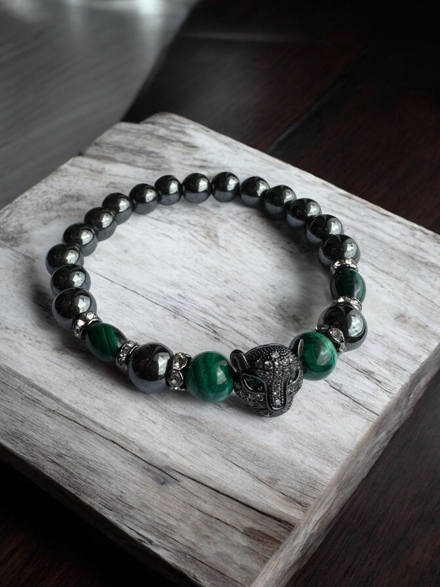 Hematite and Malachite Panther Crystal Bracelet