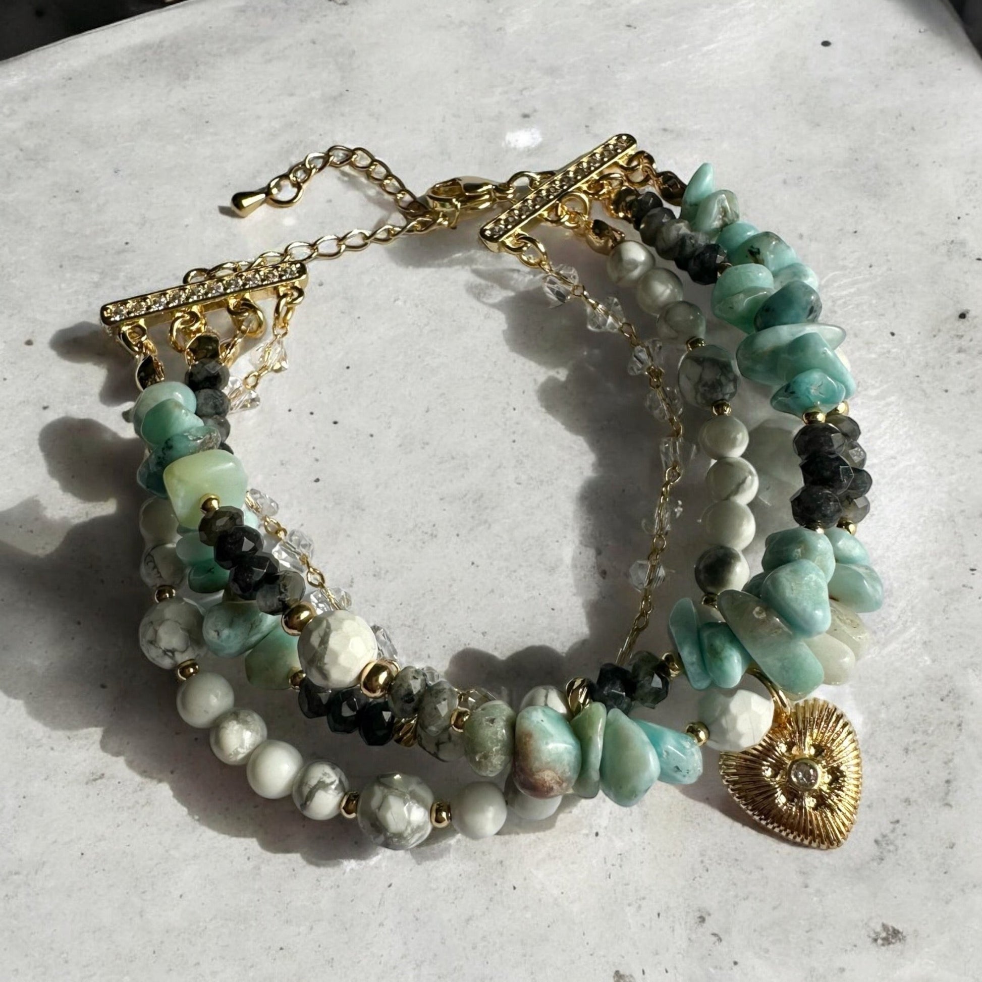 Larimar, larvikite, howlite crystal bracelet