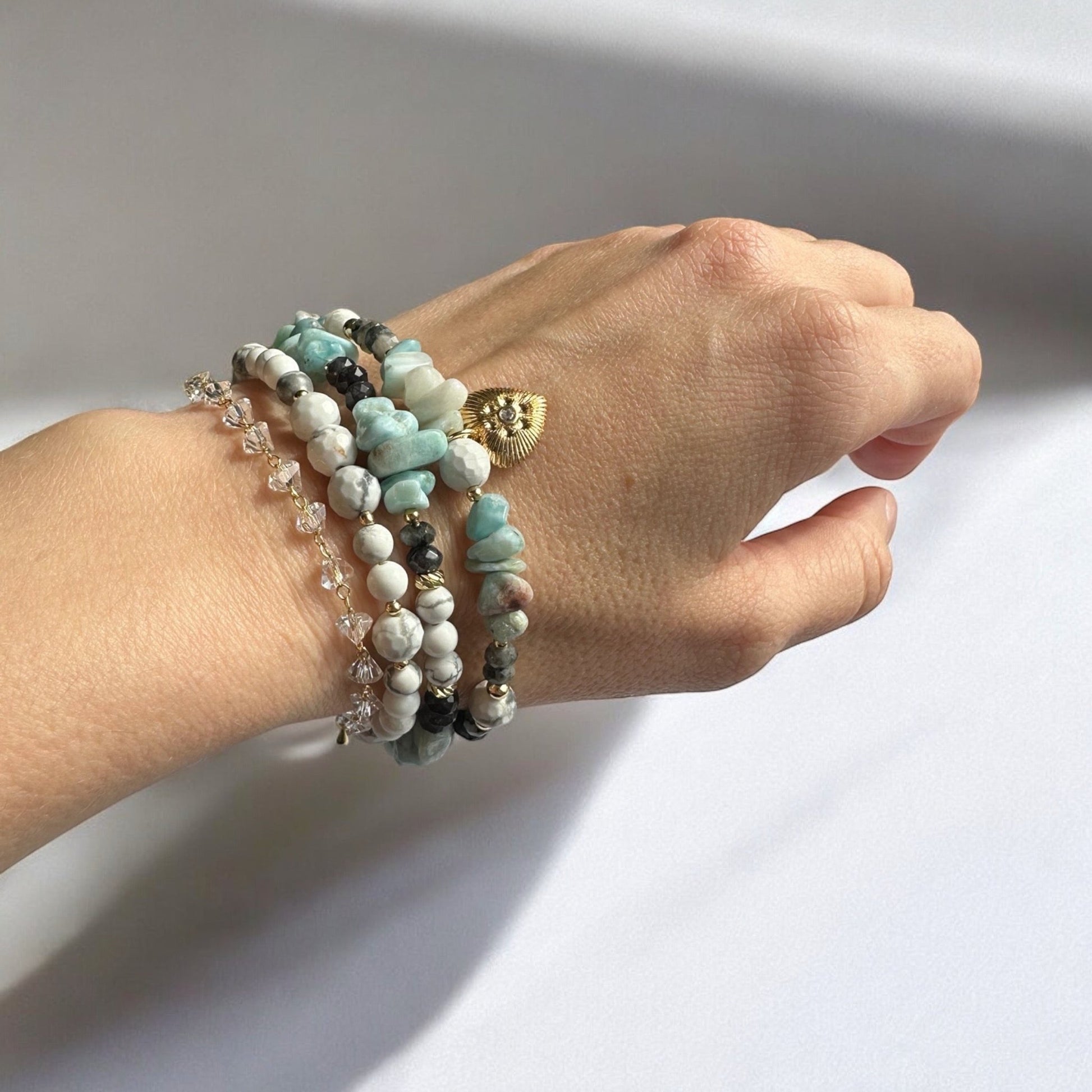 Larimar, larvikite, howlite gemstone bracelet