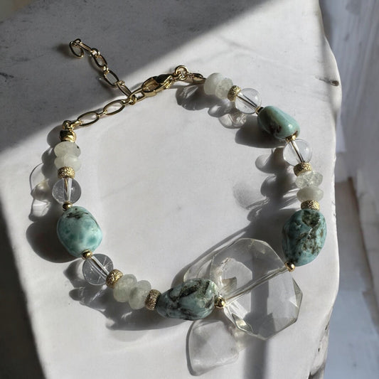 Larimar, moonstone & clear quartz crystal bracelet