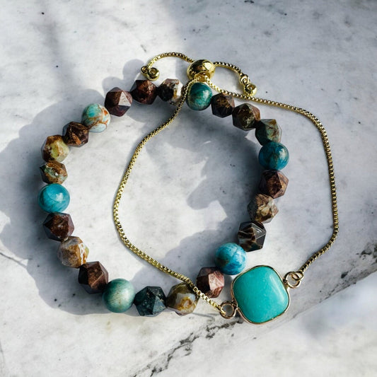 Mexican Green Opal, Blue Apatite, and Amazonite Crystal Bracelet Set