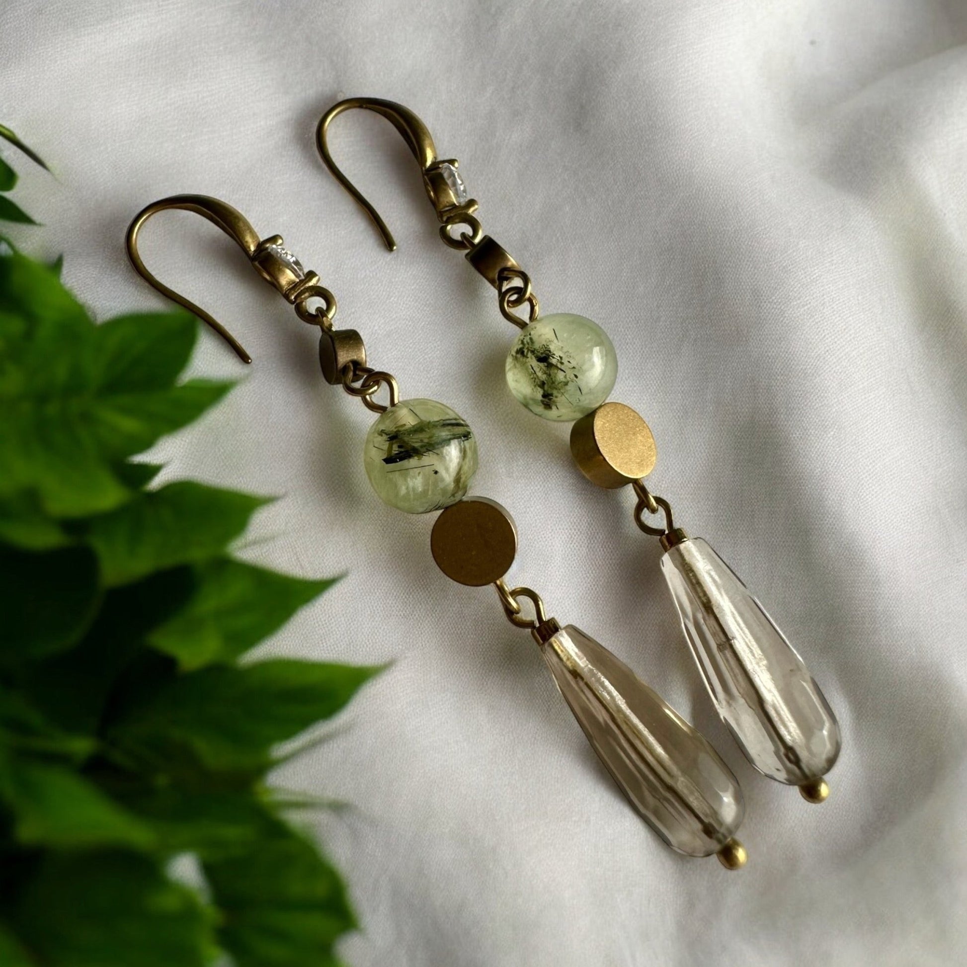 Prehnite and smoky quartz statement earrings