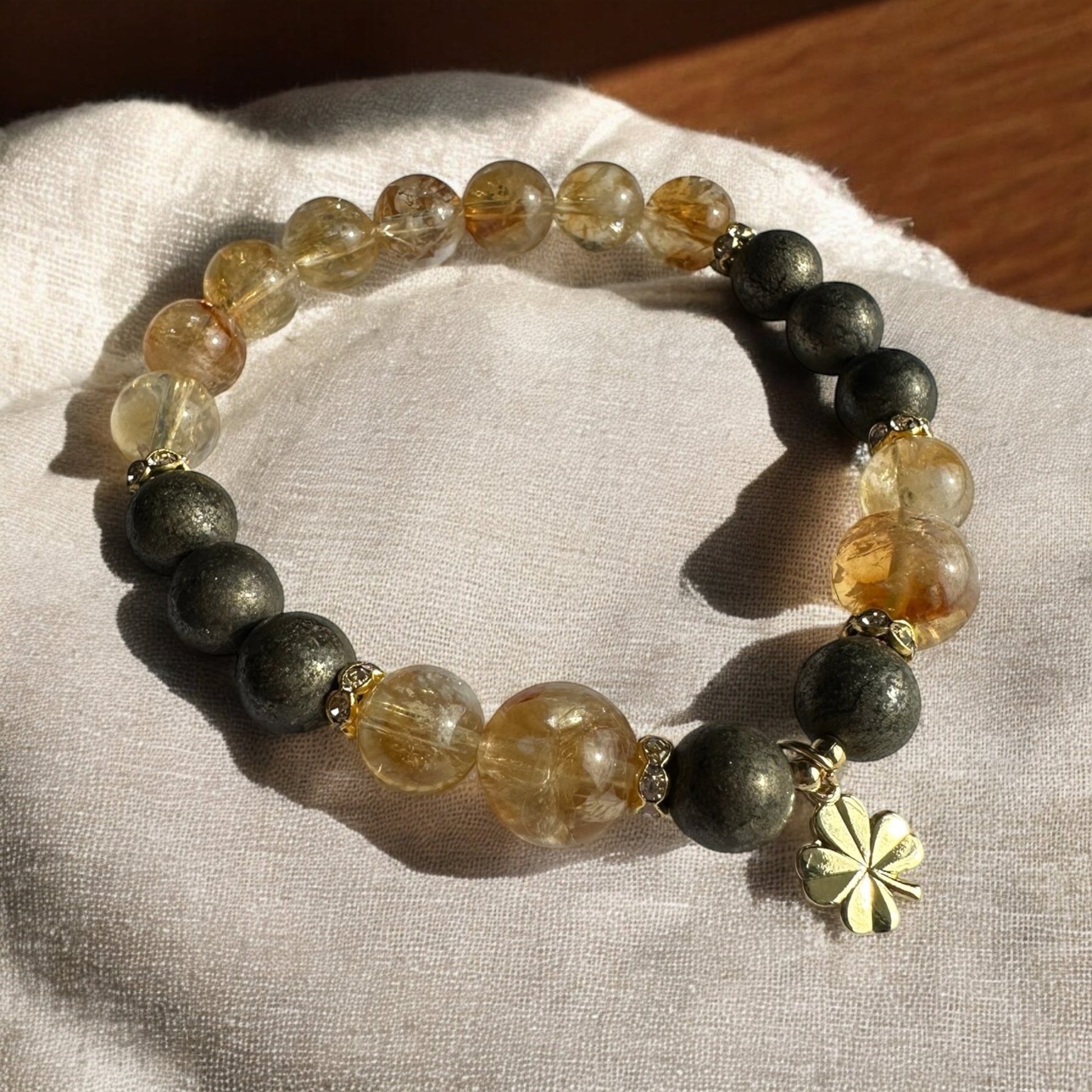 Pyrite and citrine lucky clover crystal bracelet