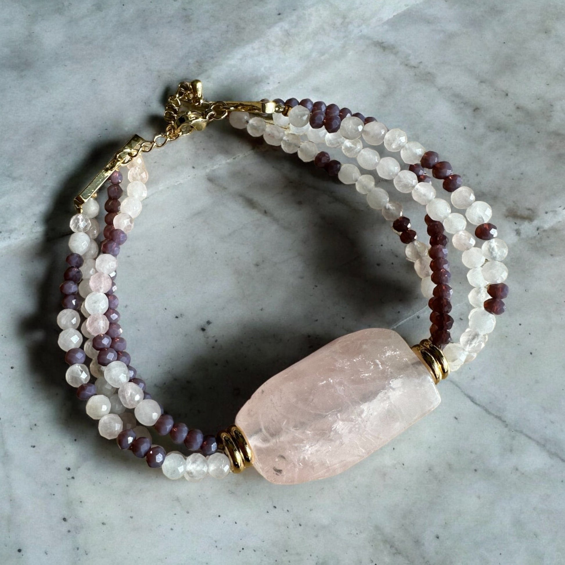 Rose Quartz and Amethyst Multi-Row Crystal Bracelet