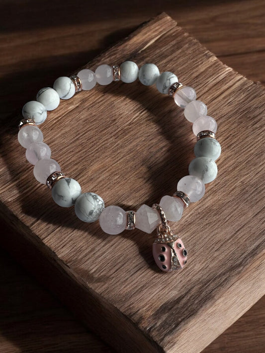 Rose Quartz and Howlite Ladybug Crystal Bracelet