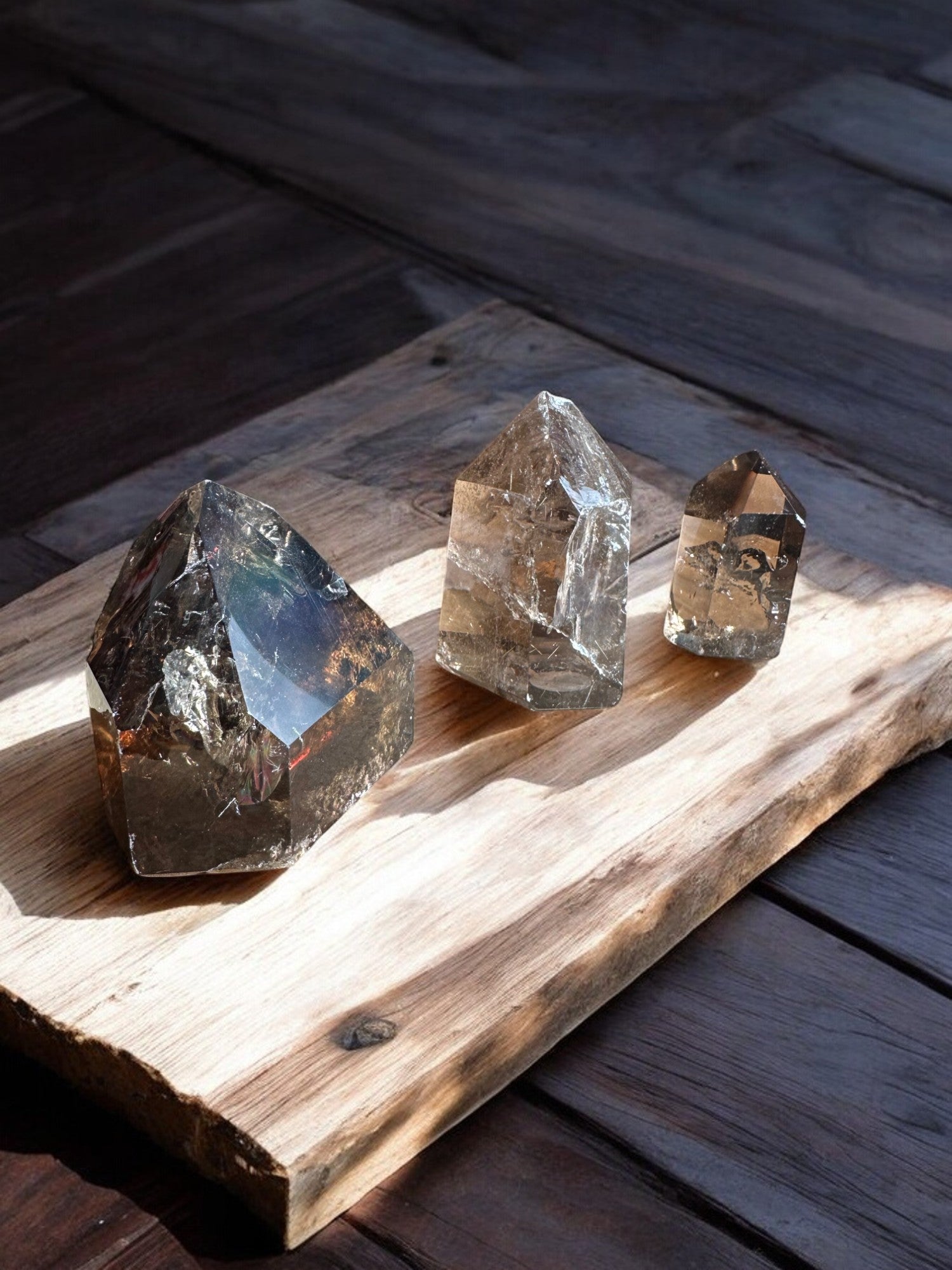 Smoky quartz crystal towers on a wood