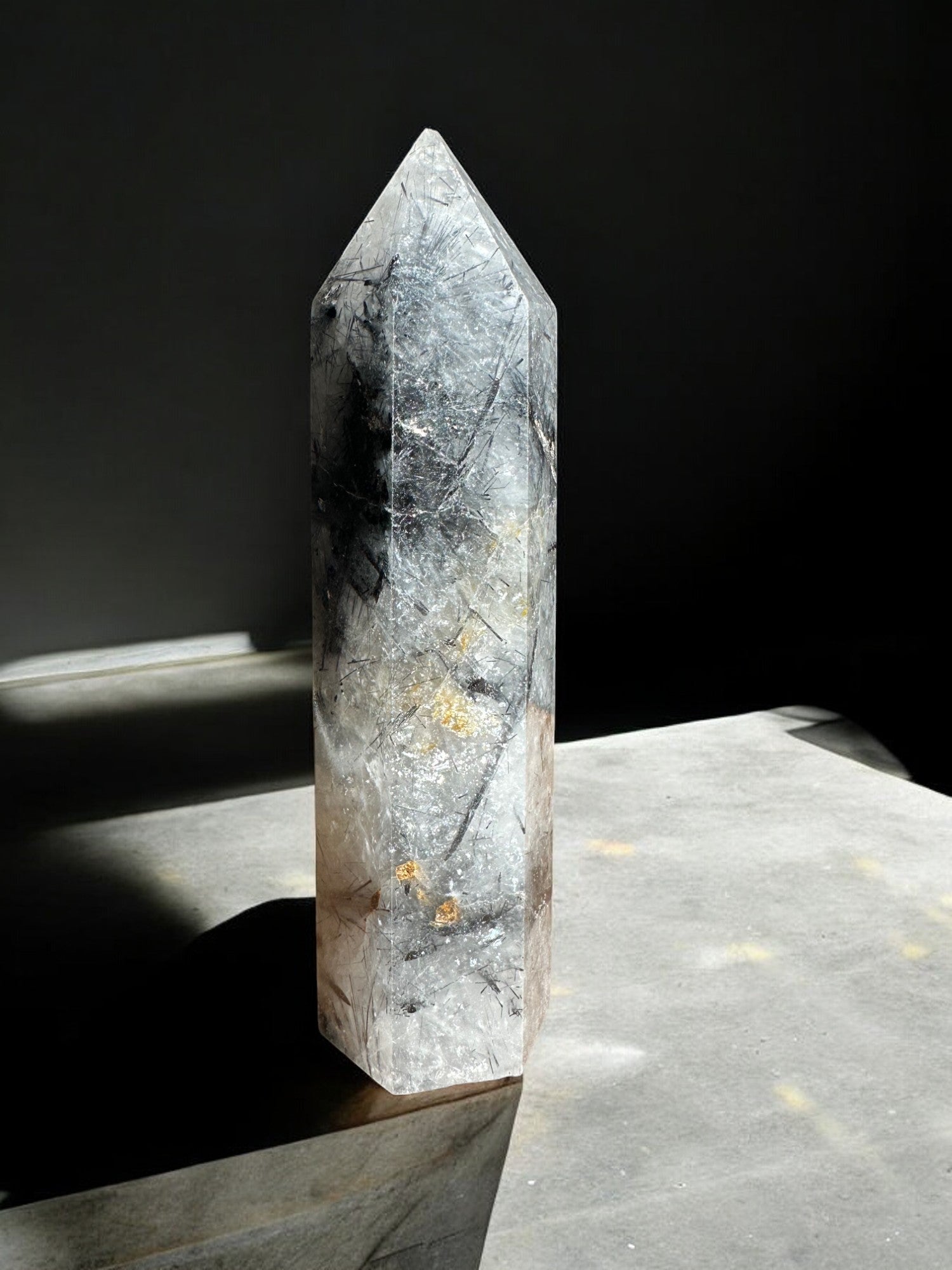 Tourmalinated quartz crystal tower B front view