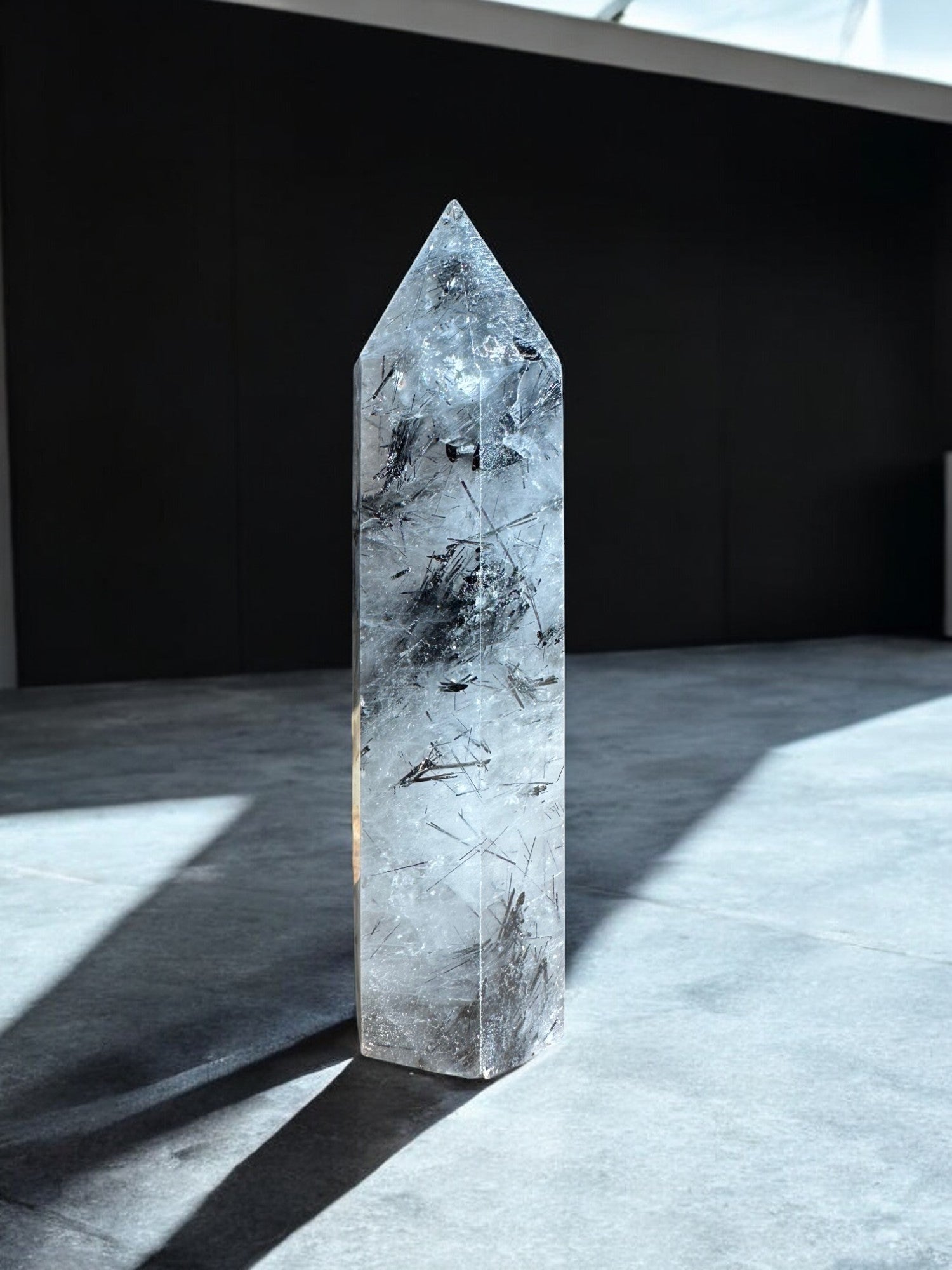 Tourmalinated quartz crystal tower C front view