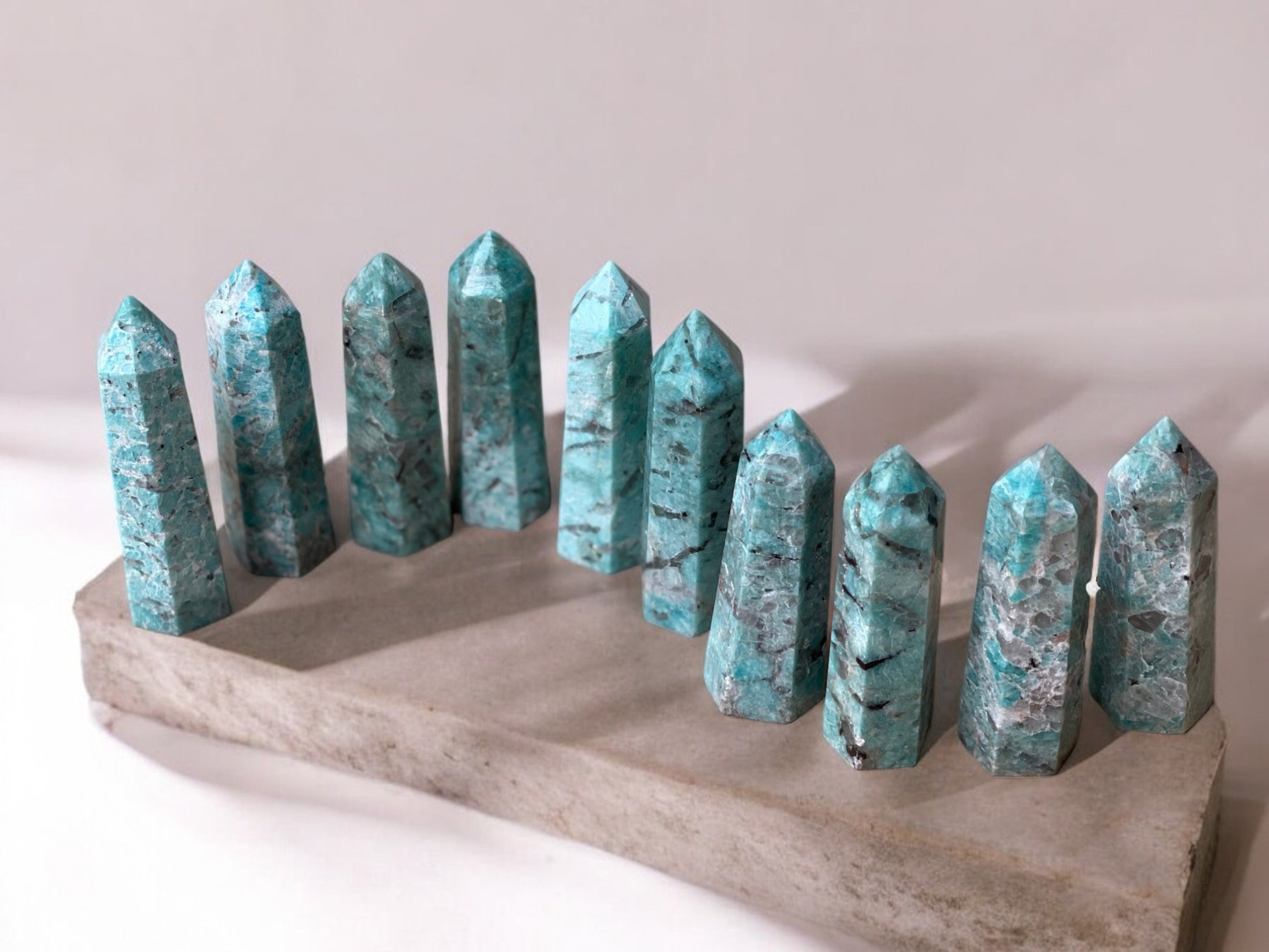 Amazonite crystal towers with smoky quartz