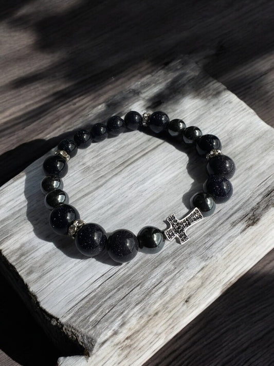 Hematite and blue goldstone cross crystal bracelet