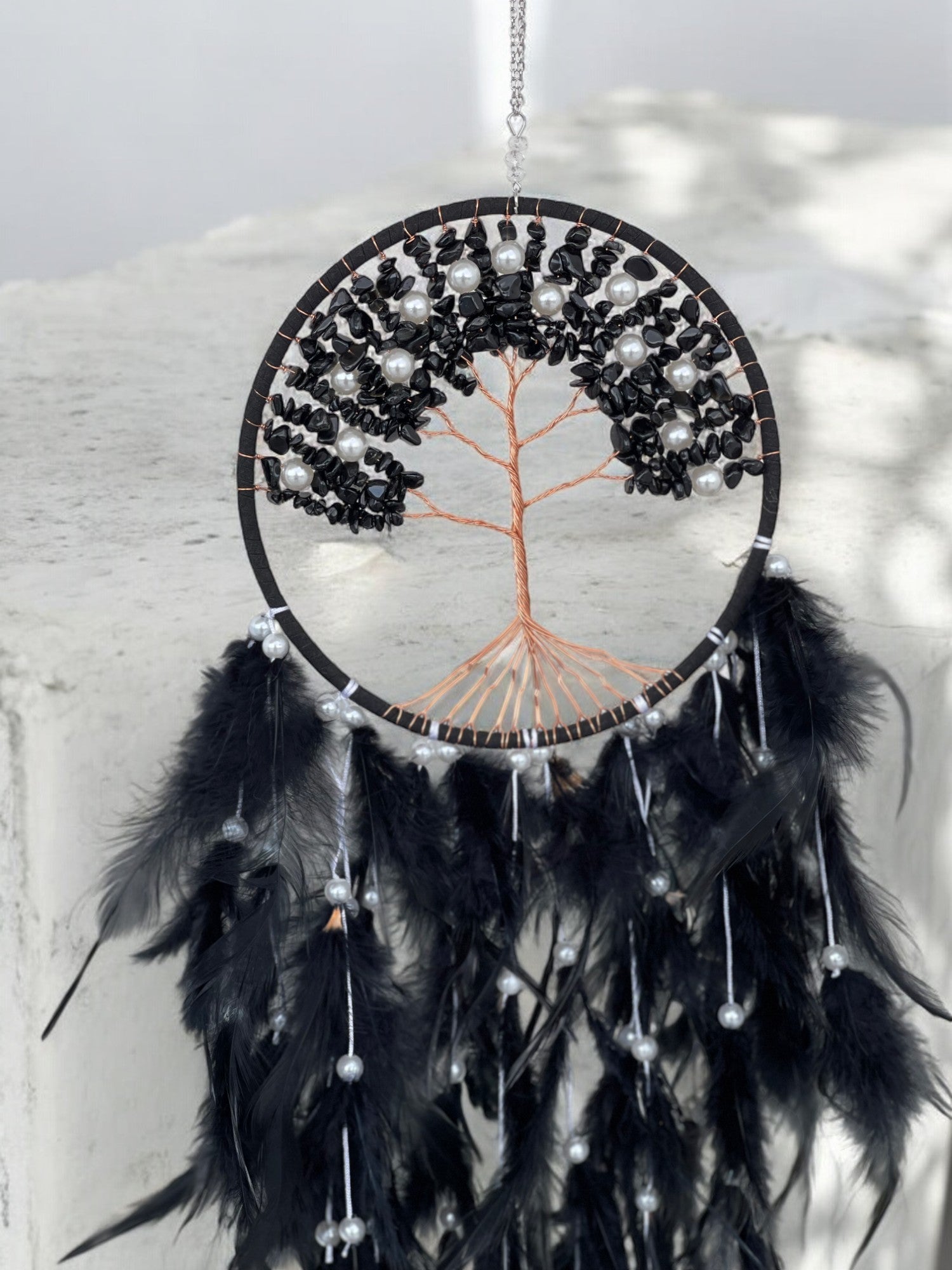 Black onyx crystal dreamcatcher with life tree