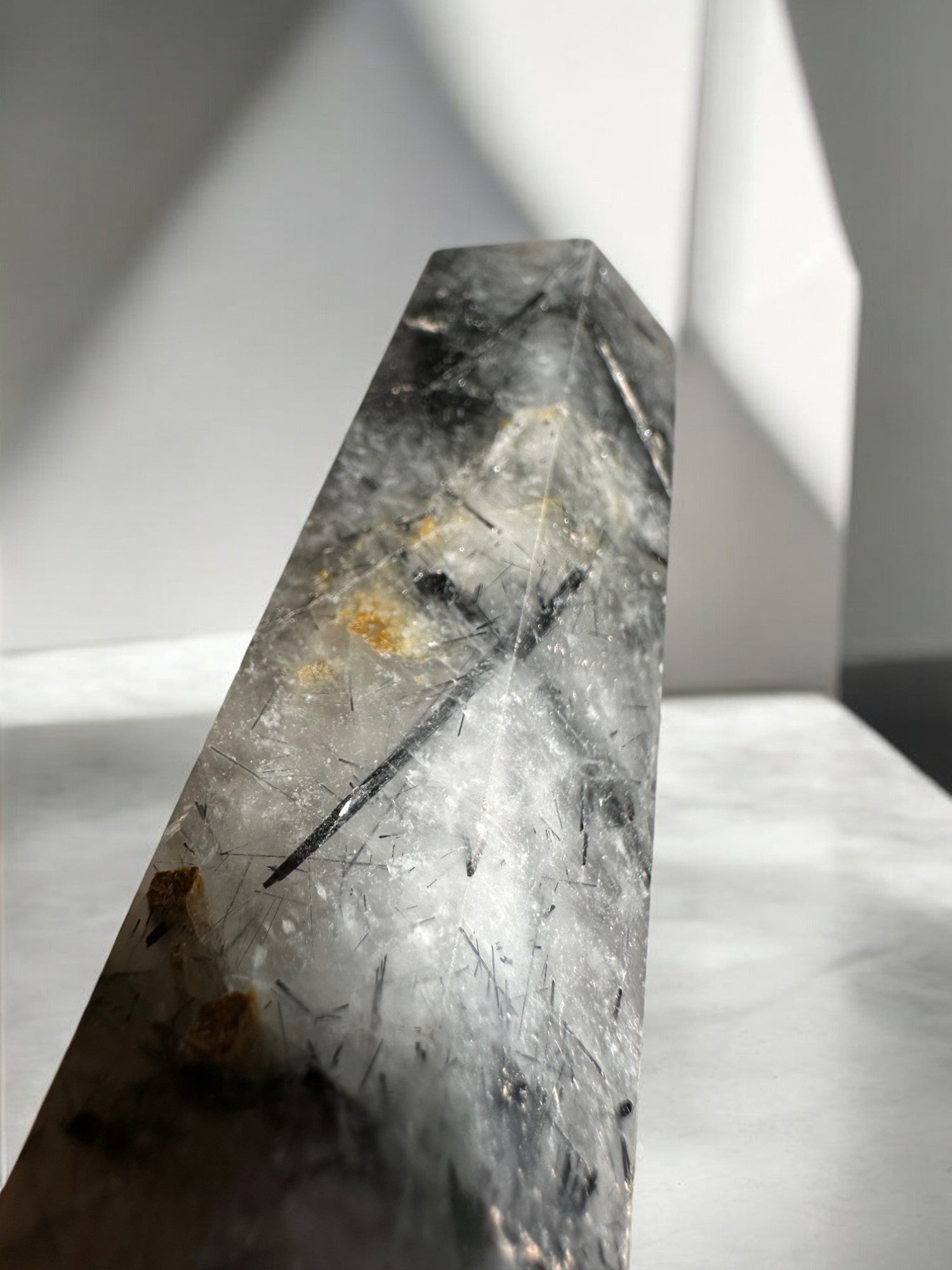 Tourmalinated quartz crystal tower close view