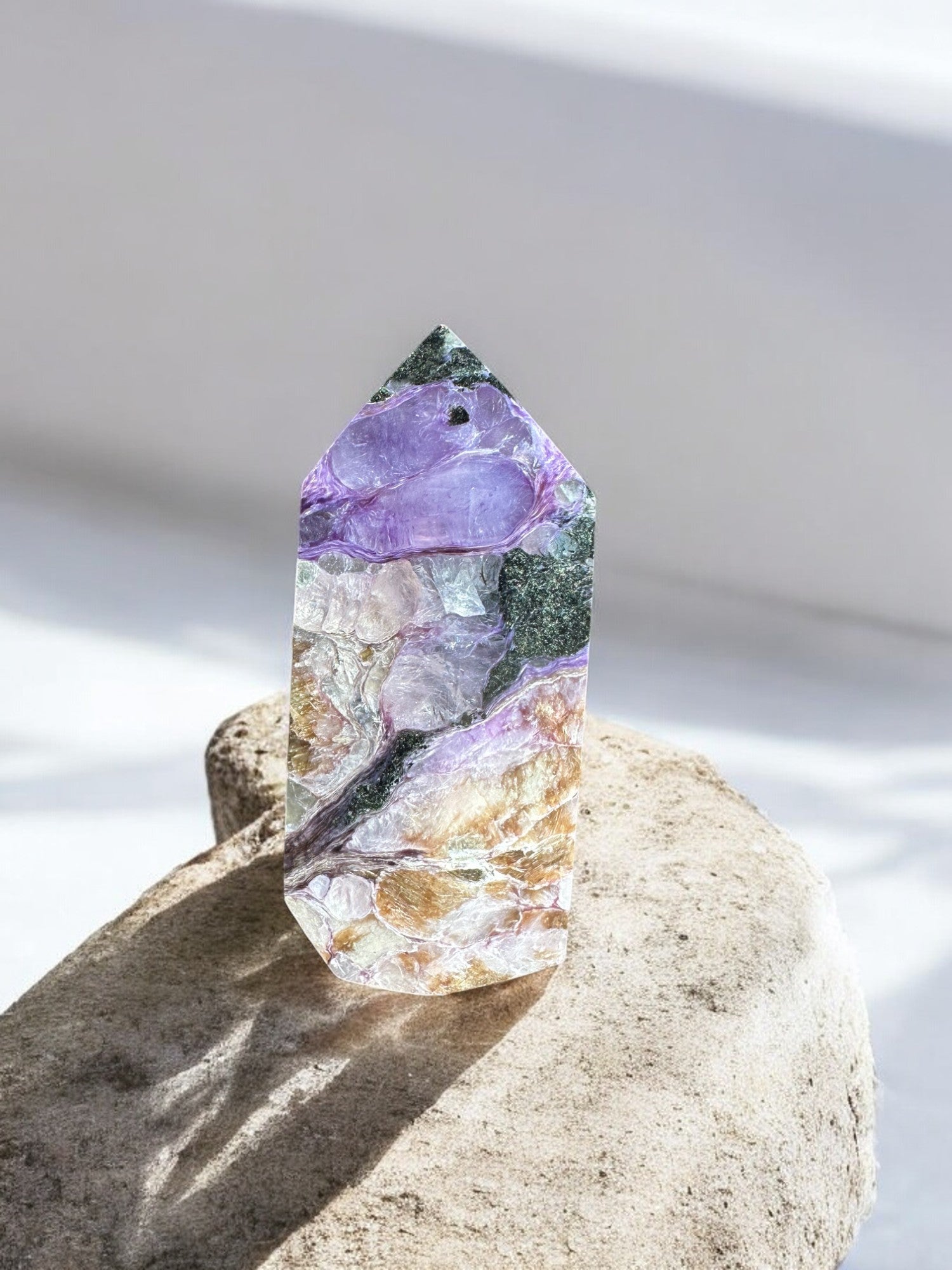 charoite crystal tower smaller size on a slab