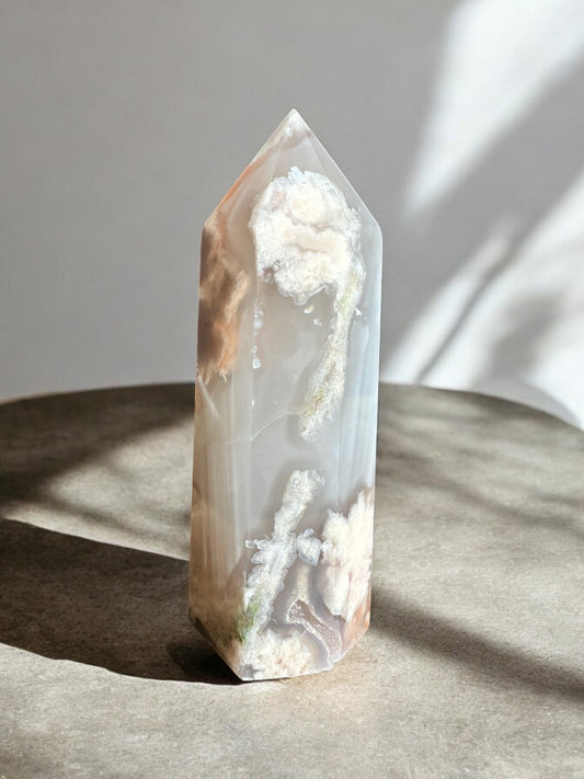 Flower agate crystal tower with inclusions